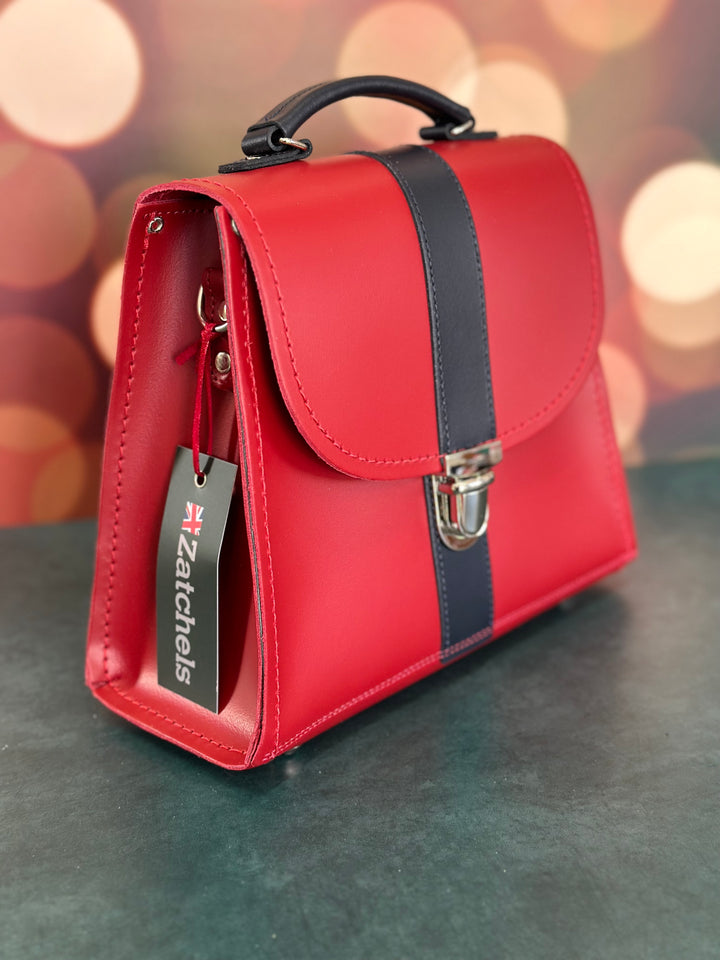 Zatchels Handmade Leather Kensington Handbag - Red with Navy Contrast