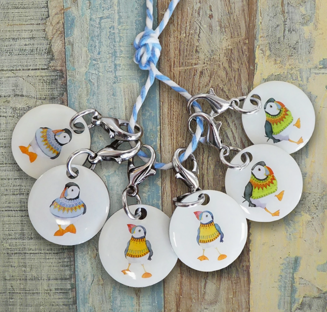 Woolly Puffins Set of 6 Stitch Markers in a Tin