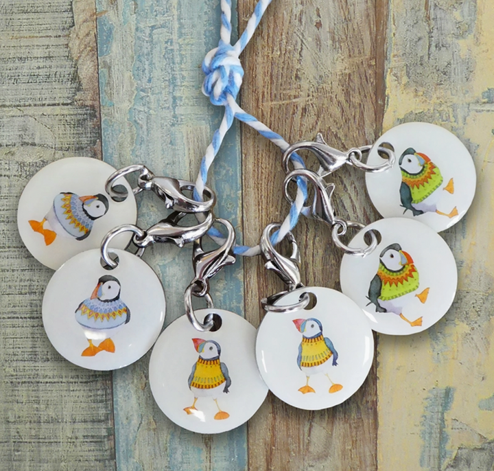 Woolly Puffins Set of 6 Stitch Markers in a Tin