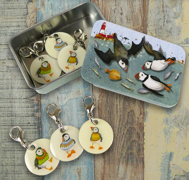 Woolly Puffins Set of 6 Stitch Markers in a Tin