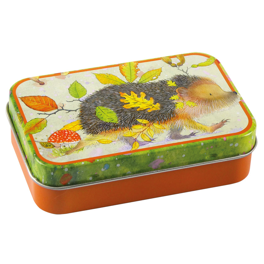 Hedgehog with Leaves  Hinged Small Rectangular Tin