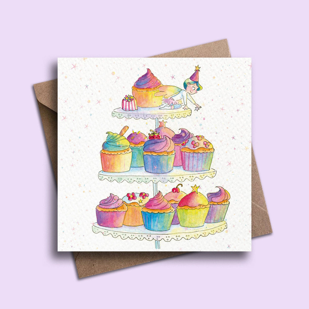 Rainbow Cupcake Stand Fairy Greeting Card