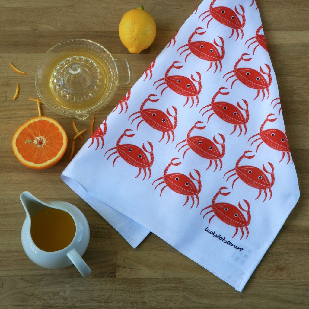 Crab tea towel with design from the original lino print artwork from Lucky Lobster Art in England.