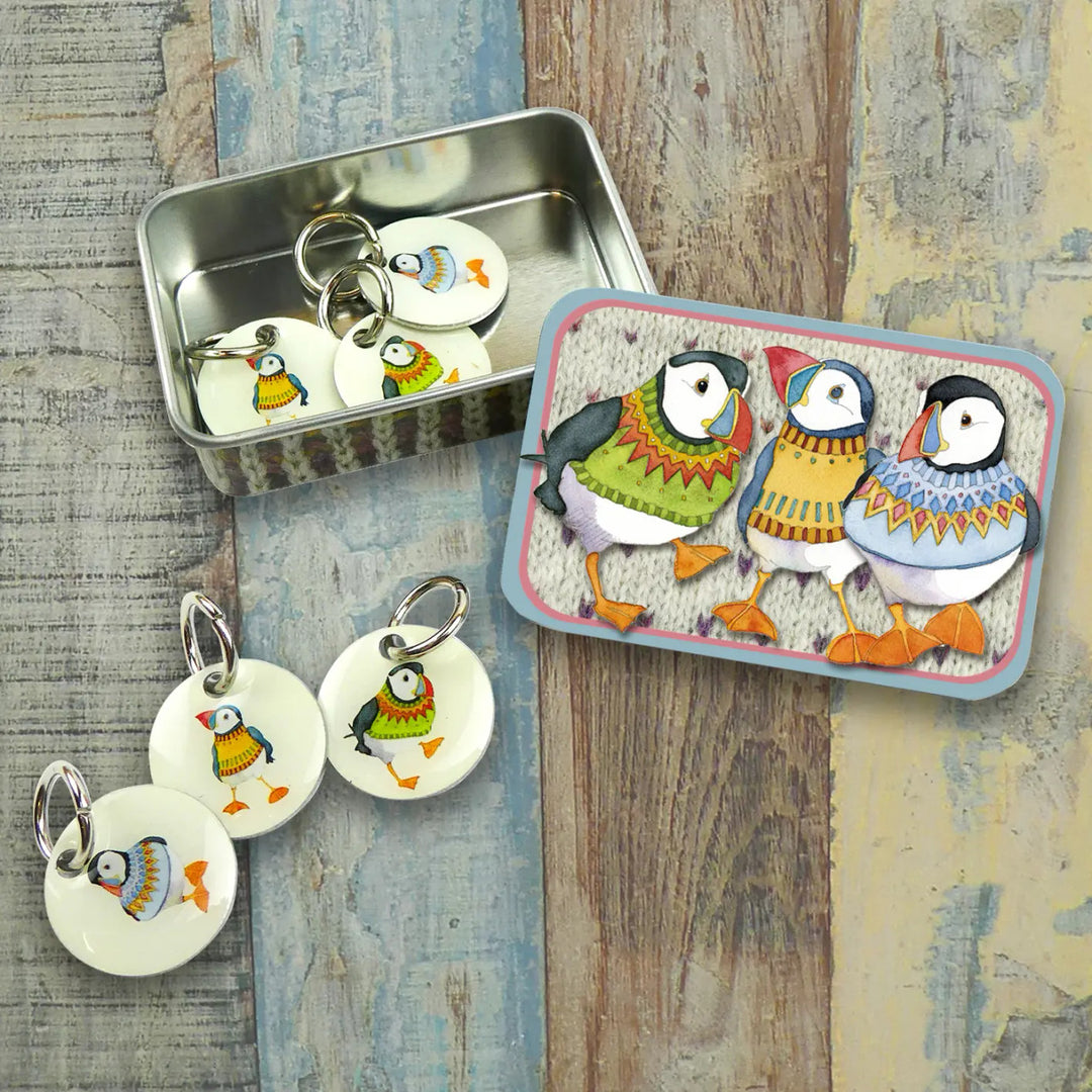 Woolly Puffins Set of 6 Stitch Markers in a Tin from Emma Ball