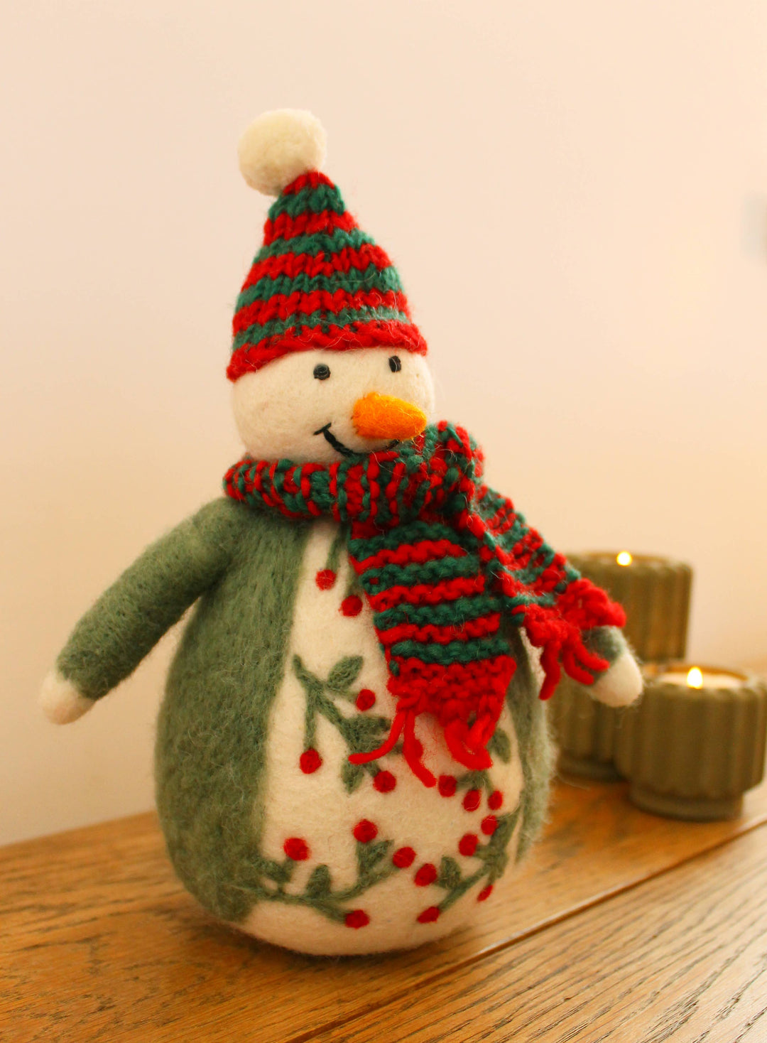 Snowman with Green and Red Hat and Scarf Tree Topper