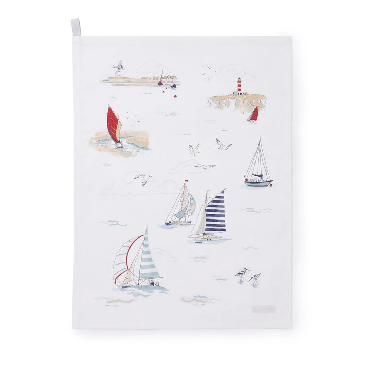 Coastal Boats Scene Tea Towel on white