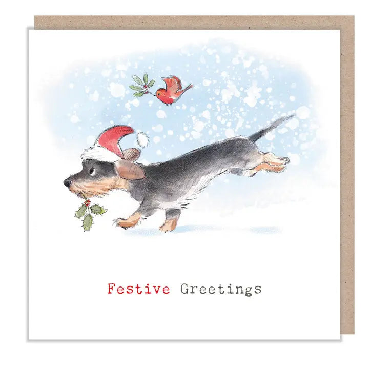 'Festive Greetings' Running Puppy Christmas Card