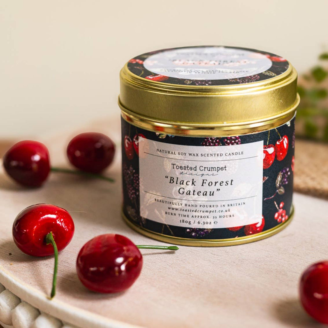 Black Forest Gateau Candle in a Matte Gold Tin