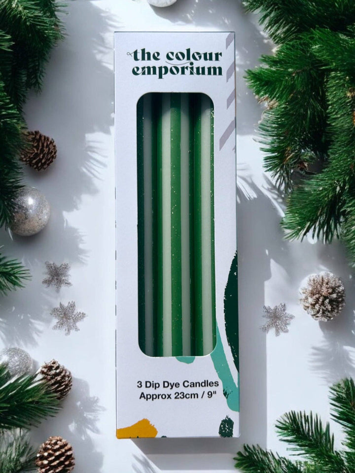 GREEN AND GOLD PINSTRIPES Dip Dye Dinner Candles Trio