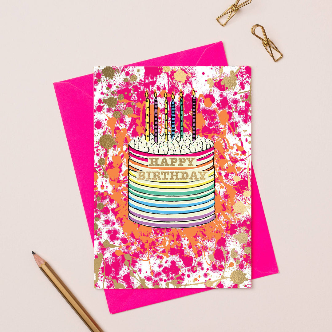 'Happy Birthday' Rainbow Cake Splattered Birthday Card