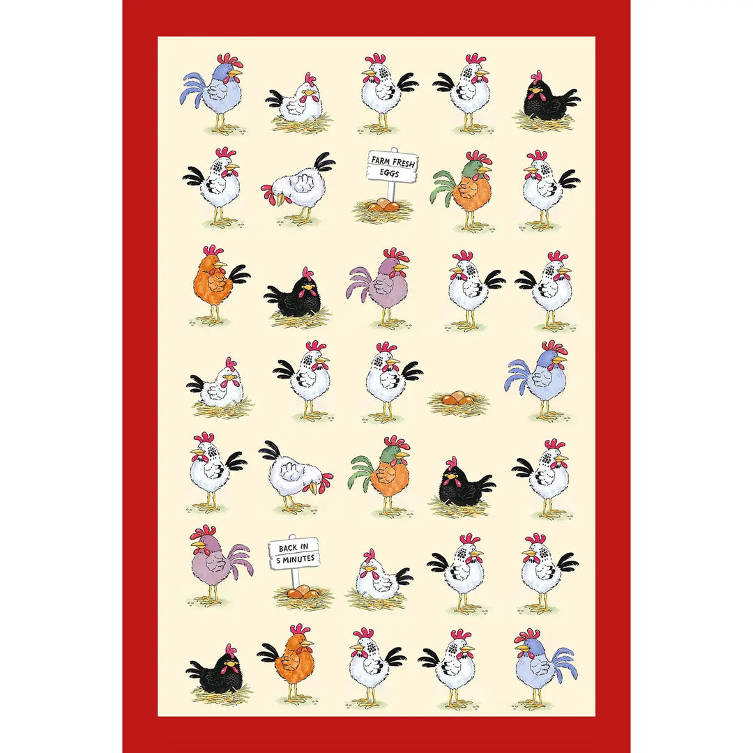Chickens Cotton Tea Towel-Border