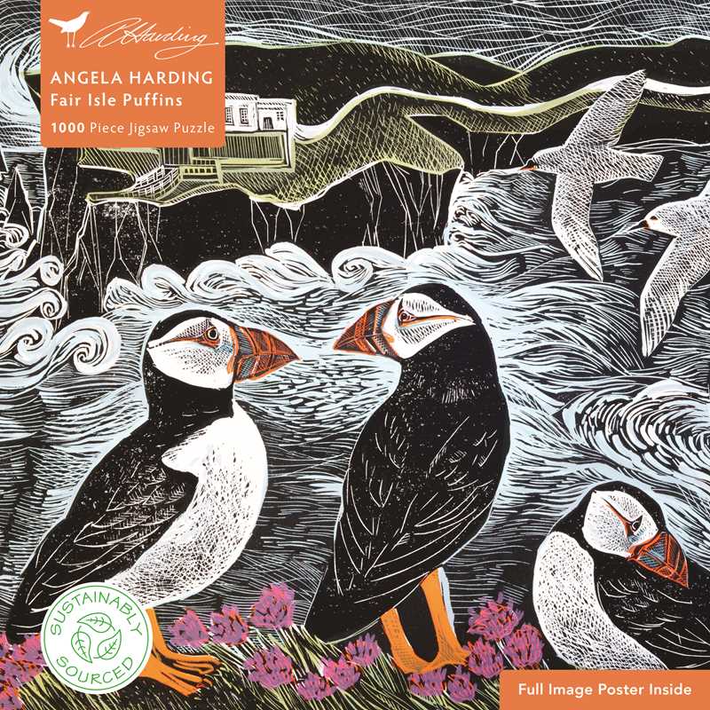 Fair Isle Puffins Adult Sustainable Jigsaw Puzzle by Angela Harding