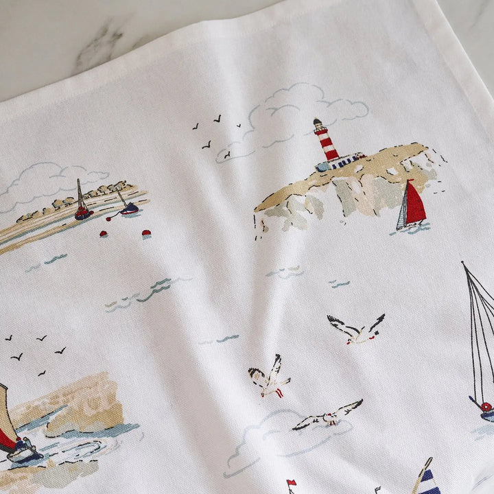 Coastal Boats Scene Tea Towel on white