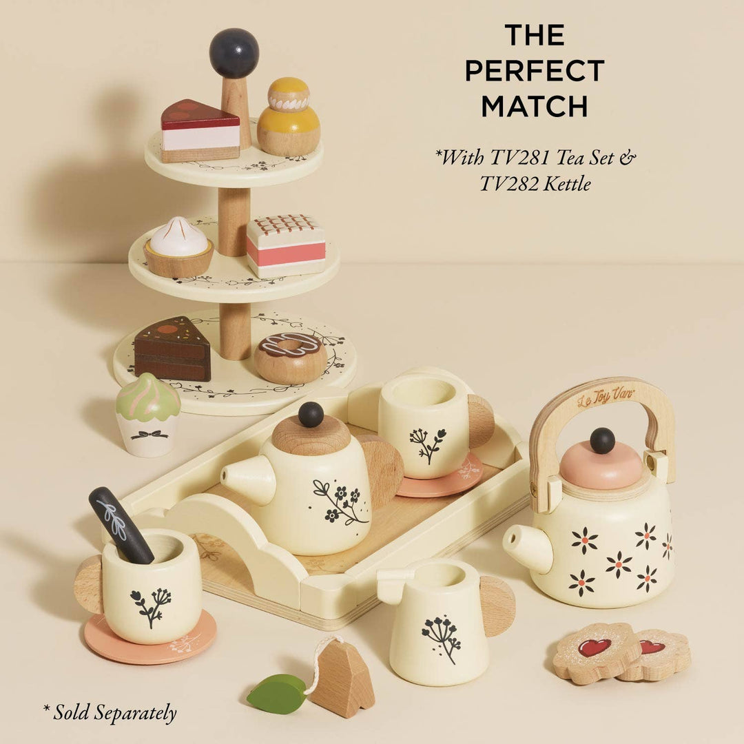 Wooden Toy Patisserie Cake Stand & Selection of 7 Eco-Friendly Treats