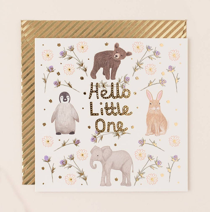 'Hello Little One' Gold Foiled Square New Baby Card