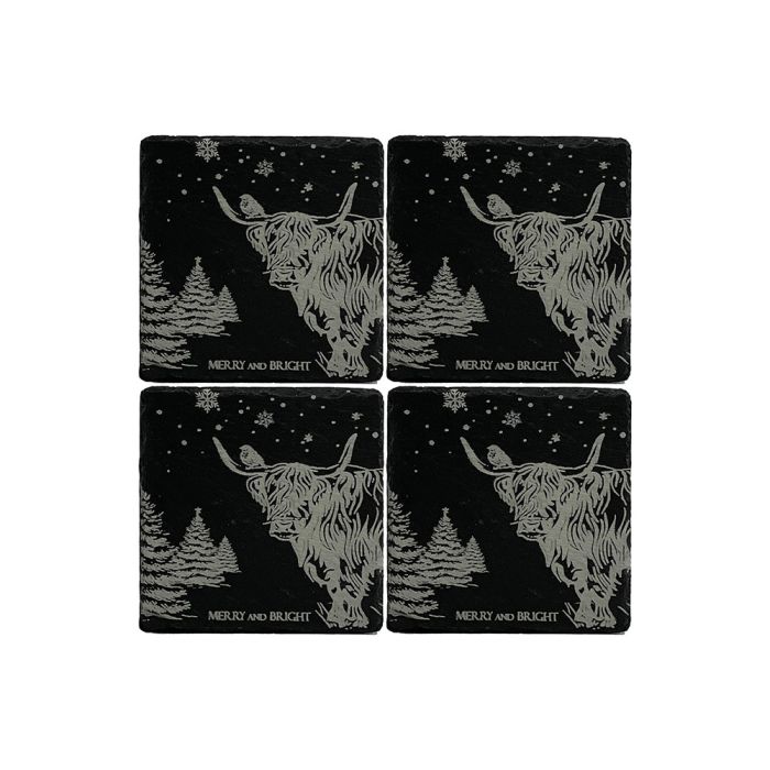 Christmas Highland Cow Slate Coasters- Set of 4