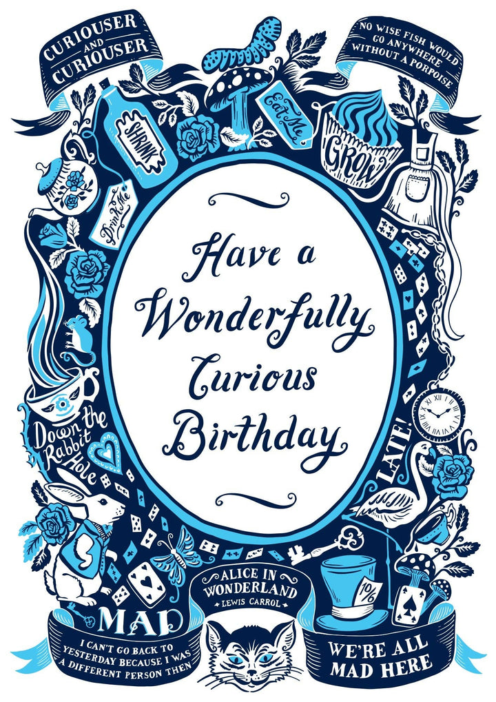 Alice in Wonderland Curious Birthday Card by Lucy Stephens