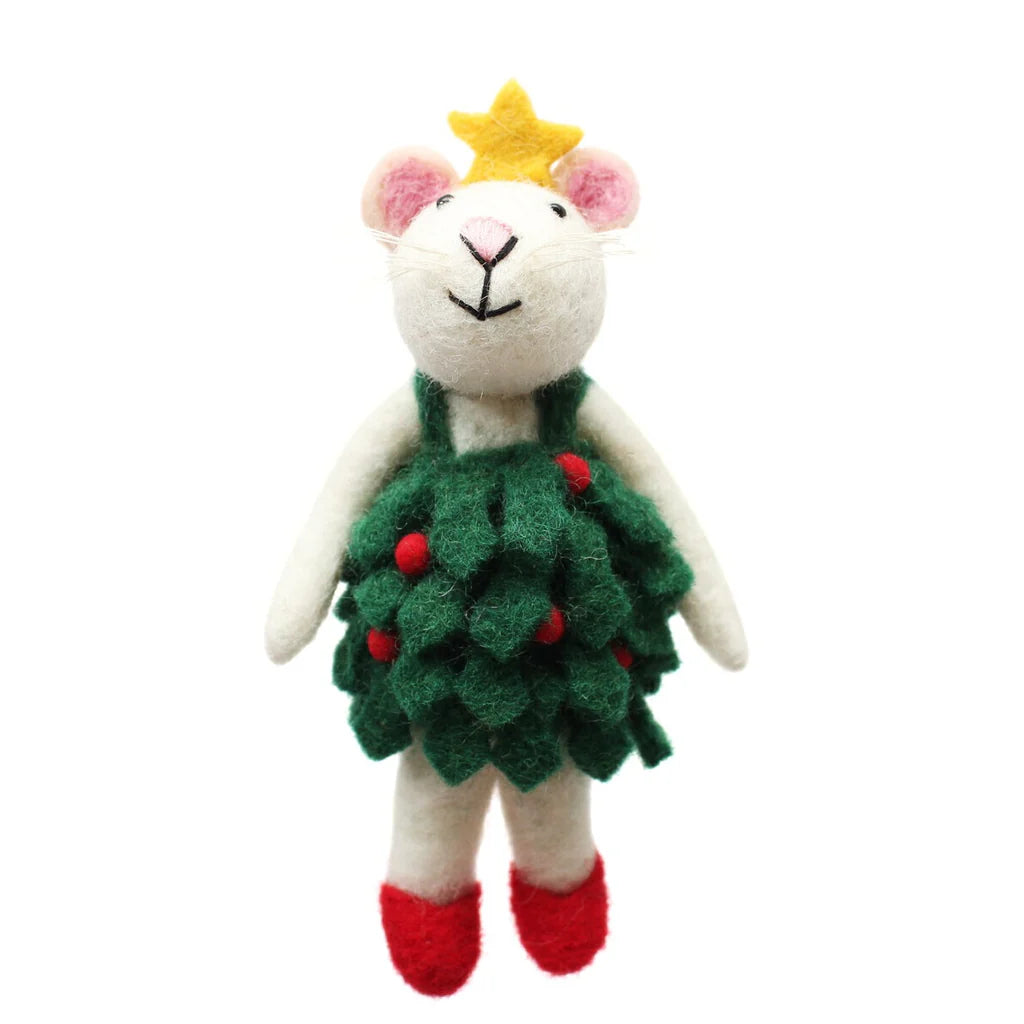 Mouse in a Holly Dress Felt Decoration