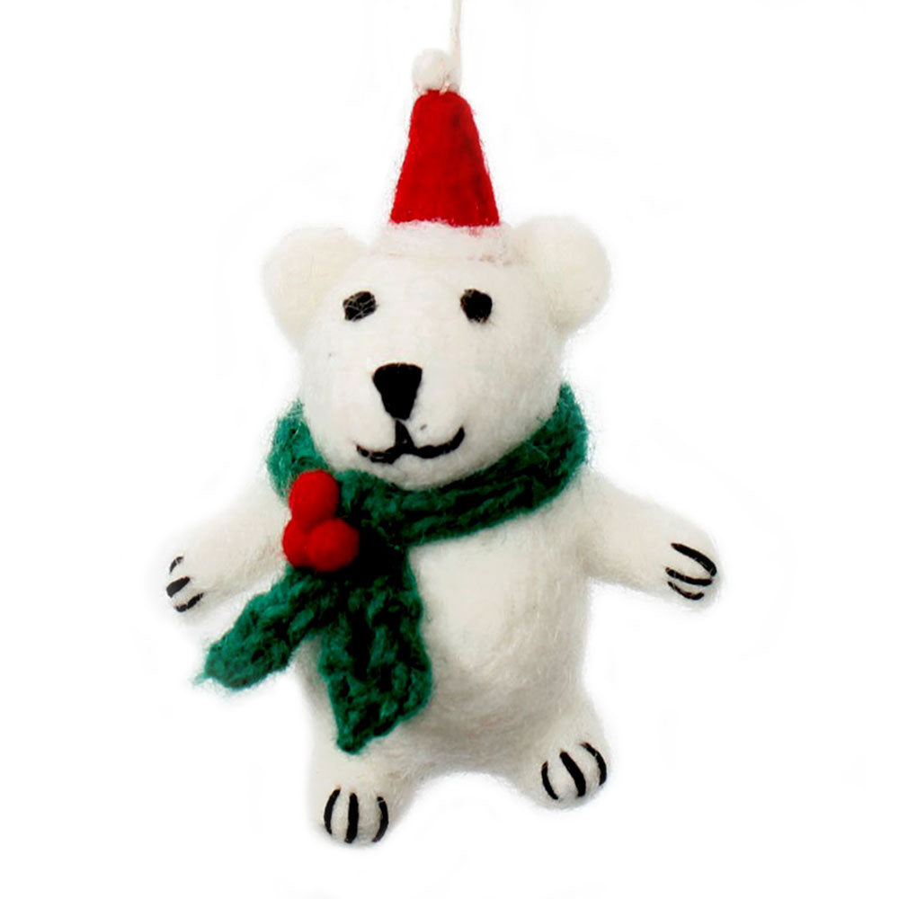 Mini Polar Bear with Holly Scarf Felt Decoration