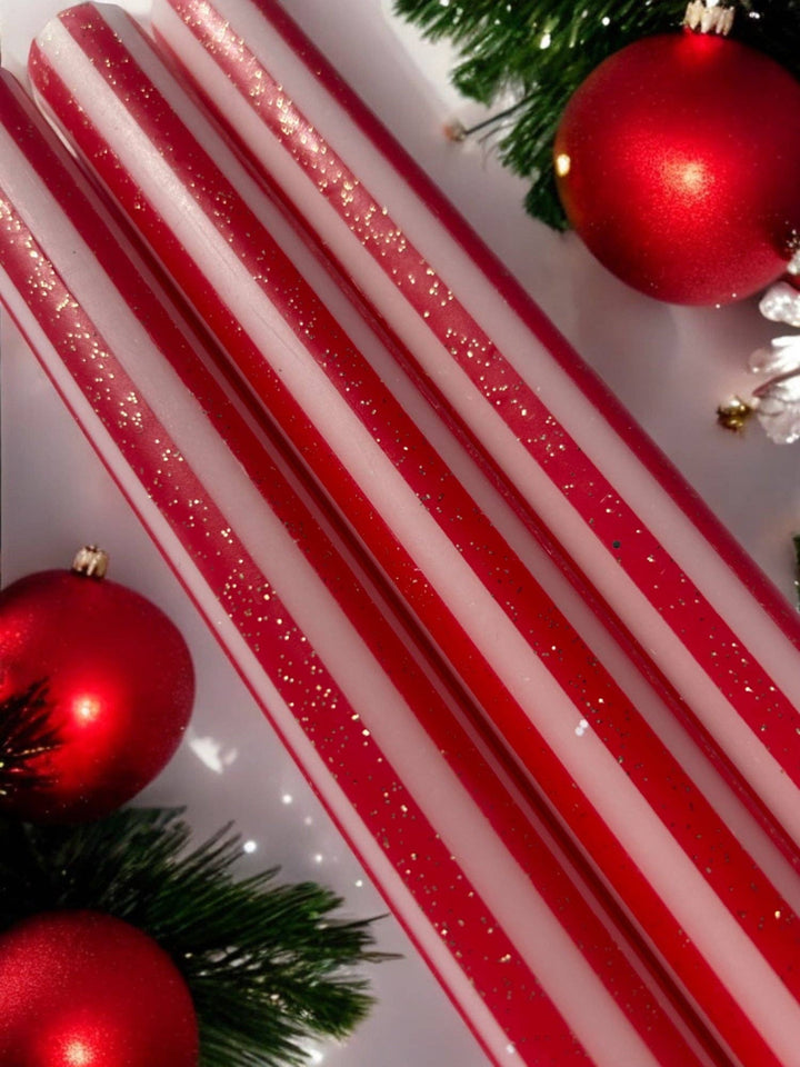 RED AND GOLD PINSTRIPES Dip Dye Dinner Candles Trio