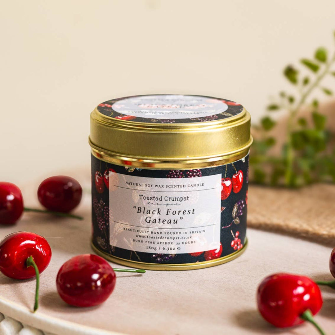 Black Forest Gateau Candle in a Matte Gold Tin