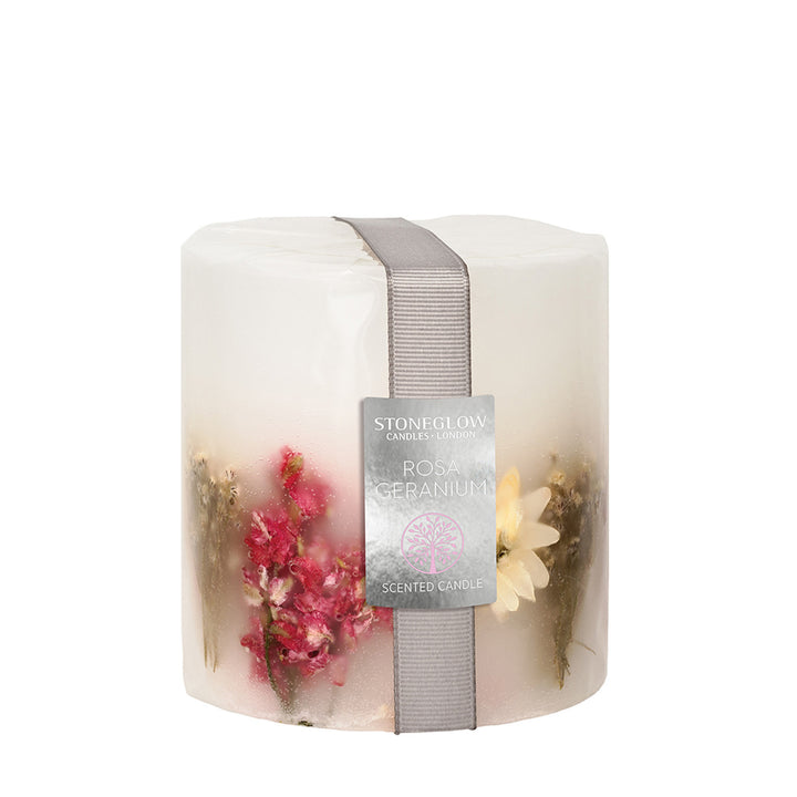 Nature's Gift Scented Botanical Candle - Inclusion Pillar - Geranium Rosa