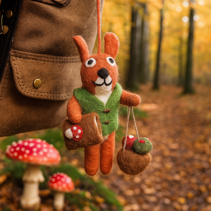 Handmade Felt Fungi Forager Squirrel Hanging Decoration