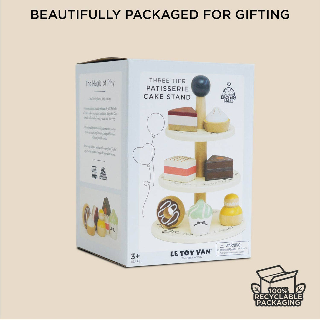 Wooden Toy Patisserie Cake Stand & Selection of 7 Eco-Friendly Treats