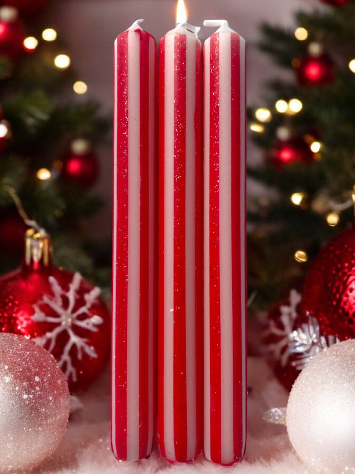 RED AND GOLD PINSTRIPES Dip Dye Dinner Candles Trio
