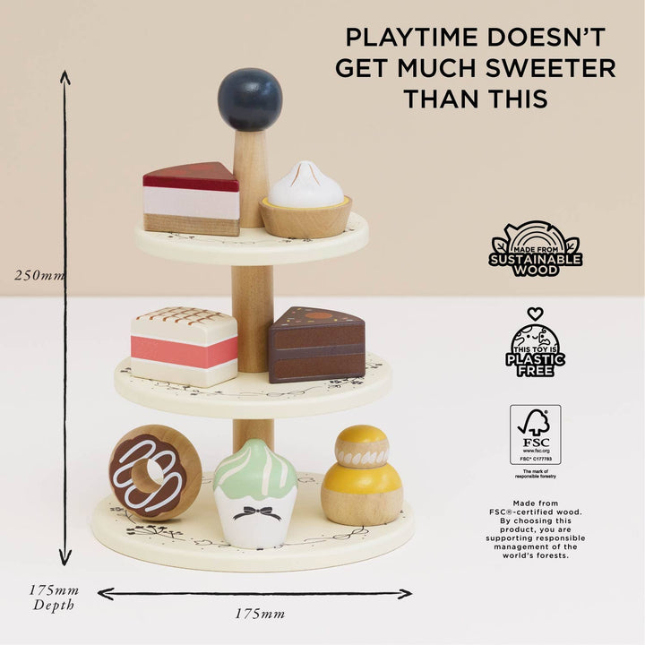Wooden Toy Patisserie Cake Stand & Selection of 7 Eco-Friendly Treats