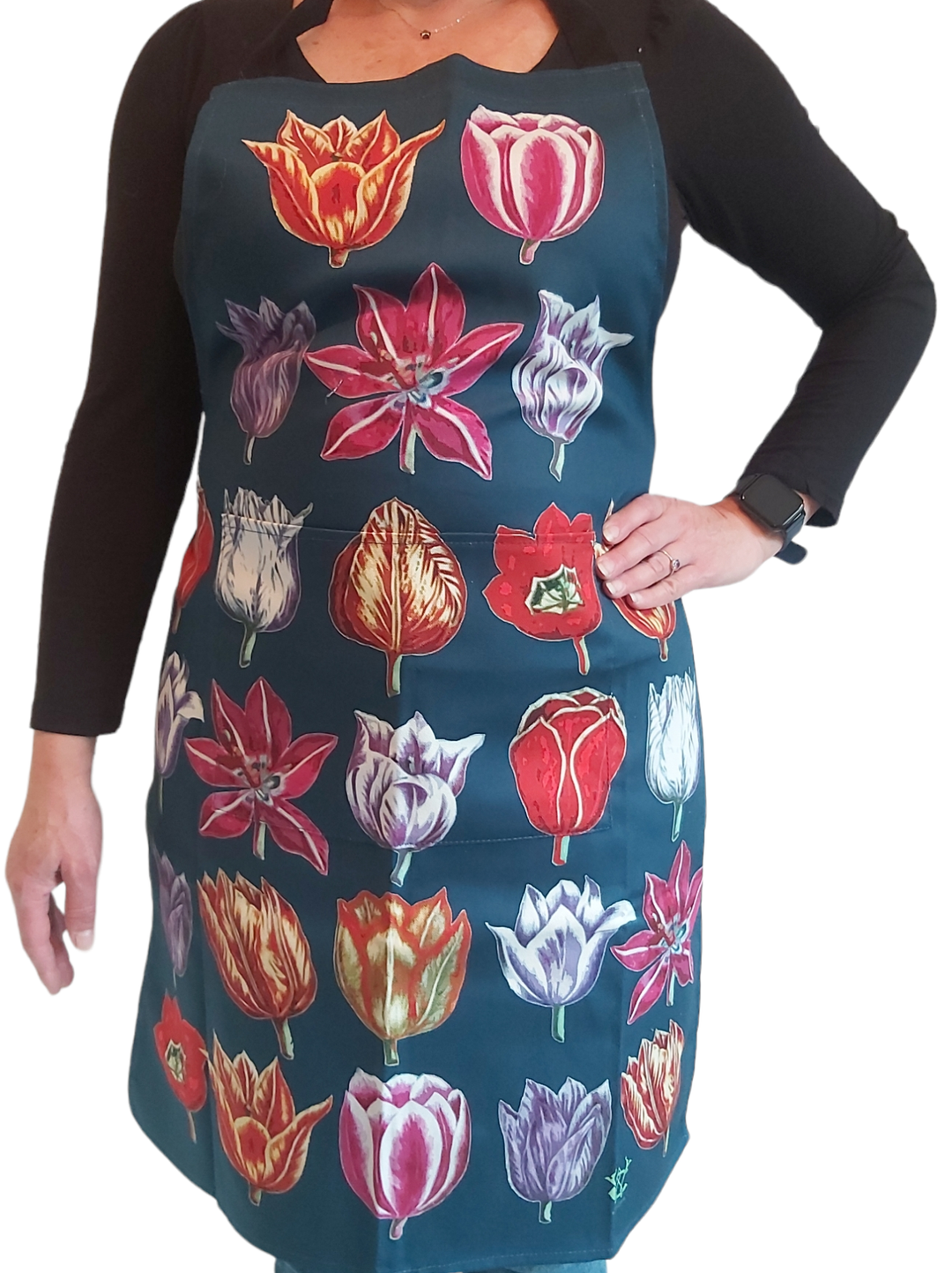 Antique Navy Tulips Floral Apron
