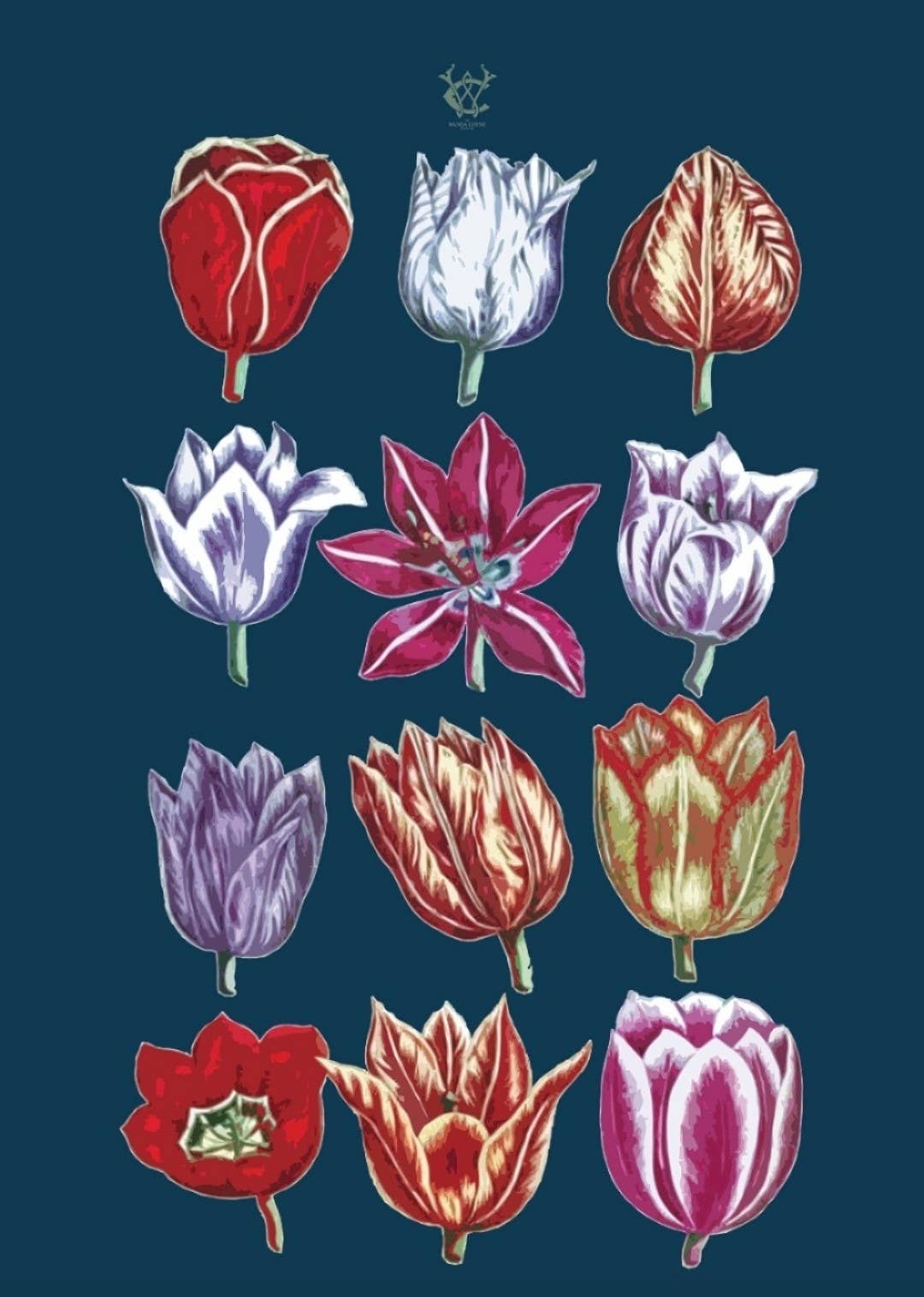 Antique Navy Tulips Tea Towel