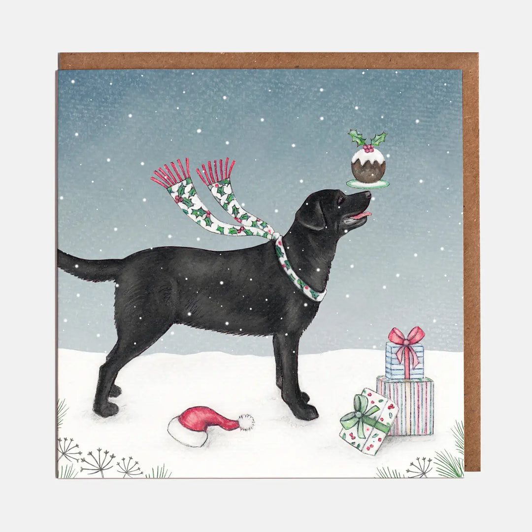 Labrador with Christmas Pudding Christmas Card