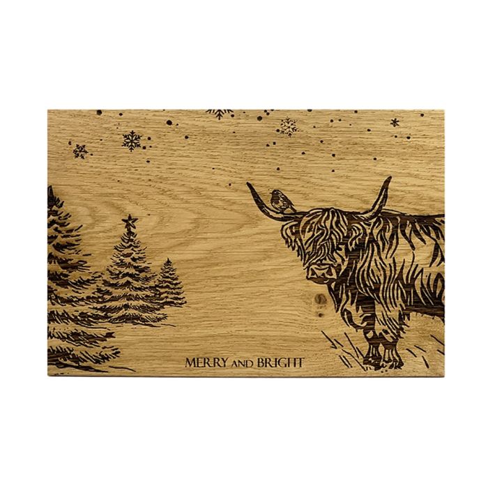 Christmas Highland Cow Oak Serving Board
