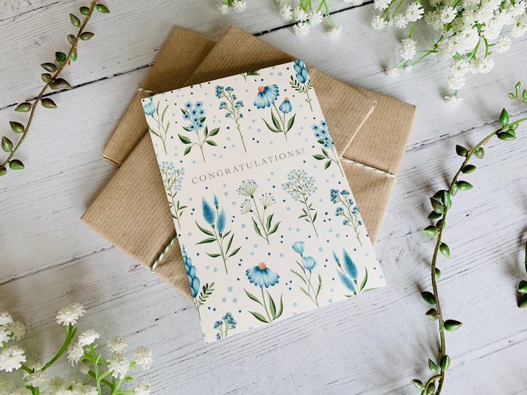 Blue Flowers 'Congratulations' Greetings Card
