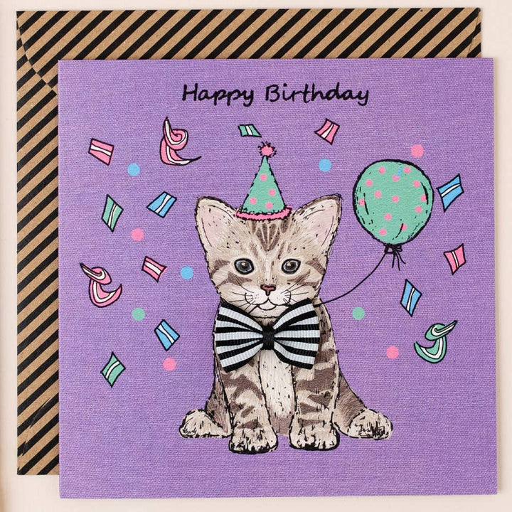 'Happy Birthday' Tabby Cat Purple Birthday Card