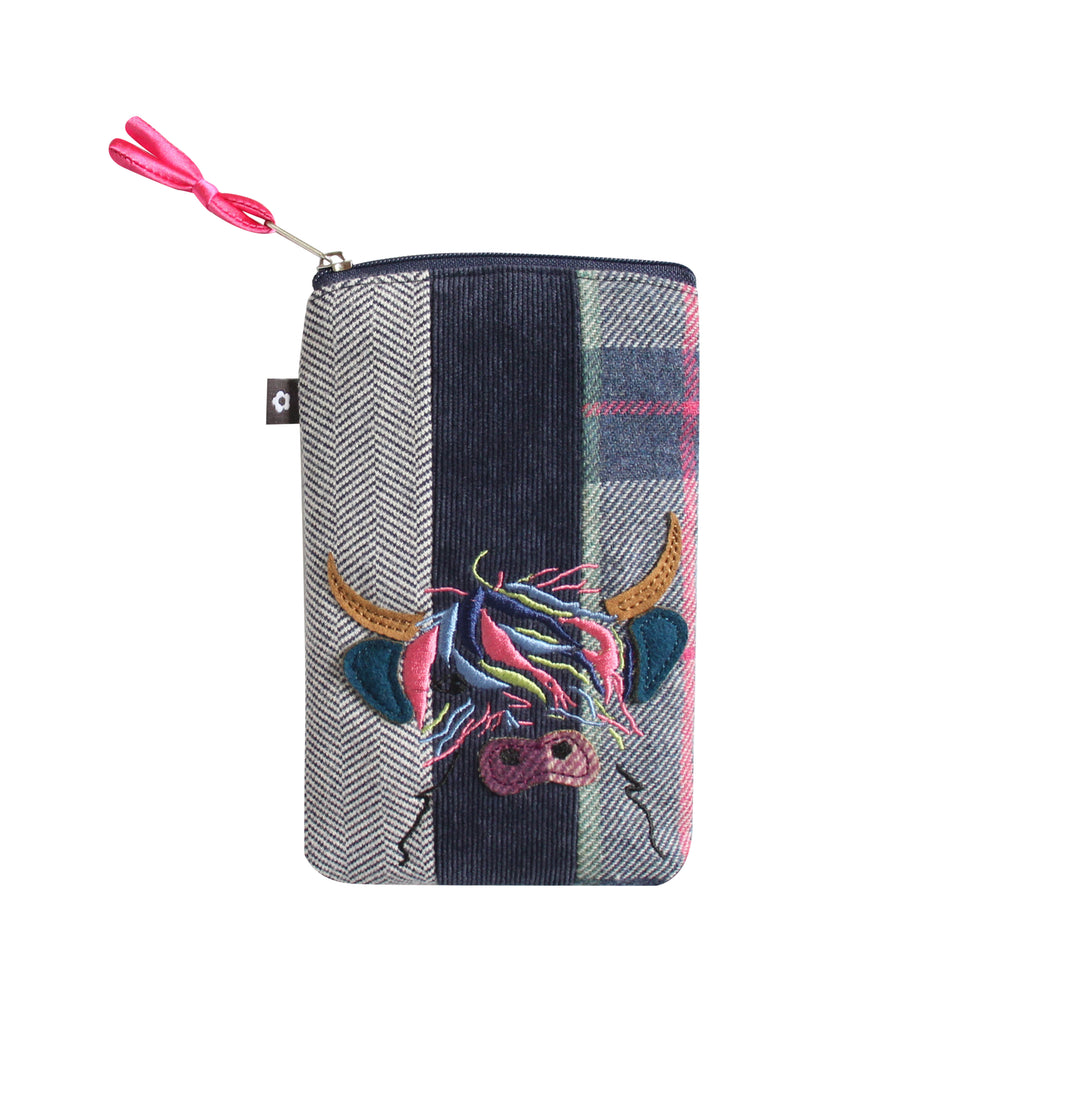 Tweed Navy Highland Cow Applique Eye Glasses Case