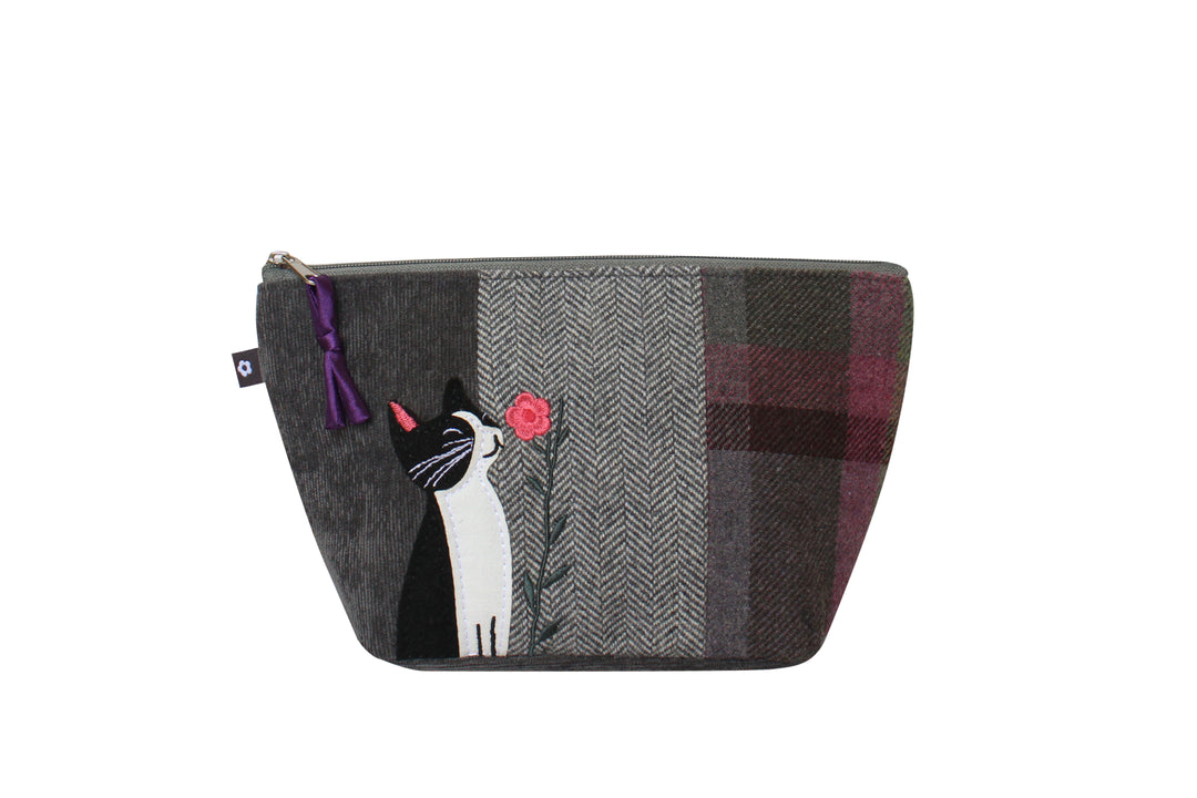 Tweed Cat and Flower Applique Make Up Bag