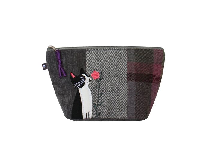 Tweed Cat and Flower Applique Make Up Bag
