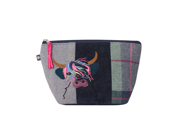 Tweed Navy Highland Cow Applique Make Up Bag