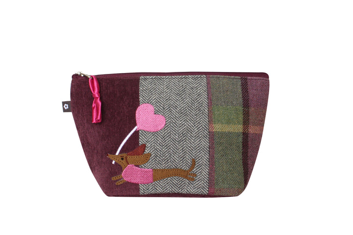 Tweed Sausage Dog Applique Make Up Bag