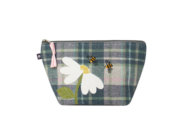 Tweed Flower Applique Make Up Bag