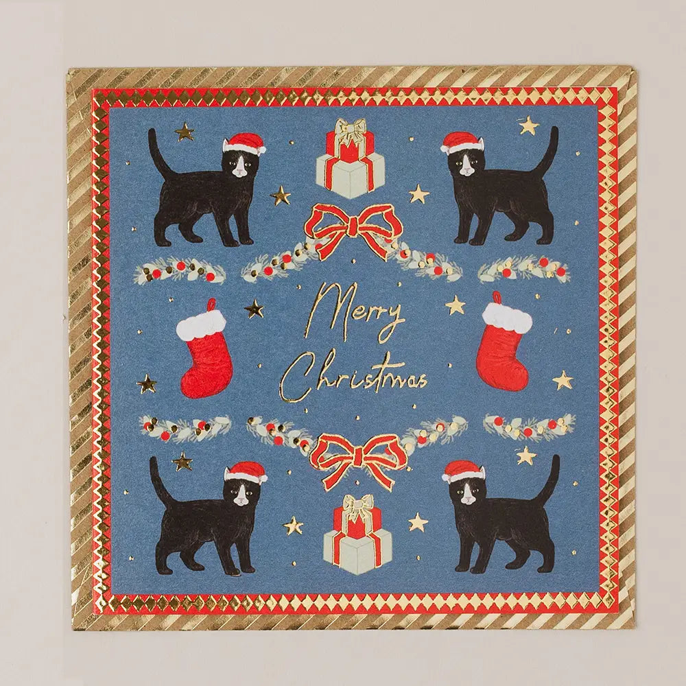 'Merry Christmas' Black Cat Blue Christmas Card