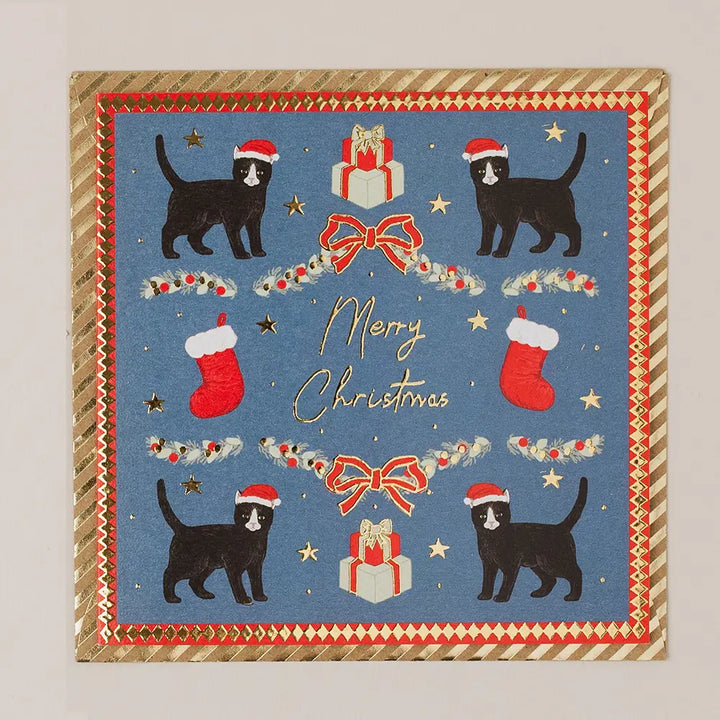 'Merry Christmas' Black Cat Blue Christmas Card