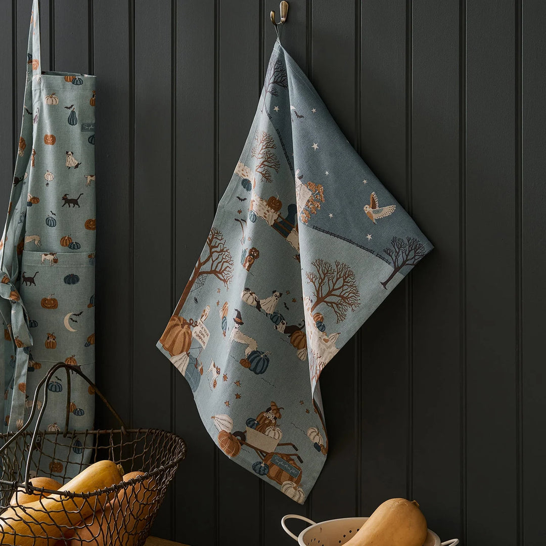 Trick or Treat and Paws Pumpkins Scene Tea Towel