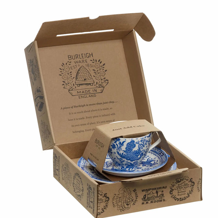 Blue Regal Peacock Teacup and Saucer 3 PC Boxed Set