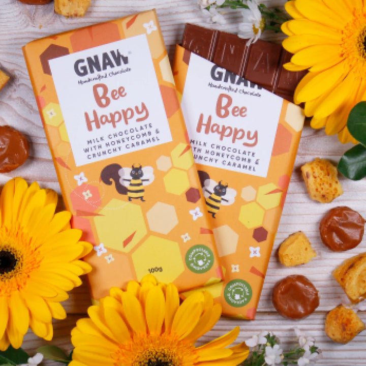 Bee Happy Milk Chocolate with Honeycomb & Crunchy Caramel Chocolate Bar