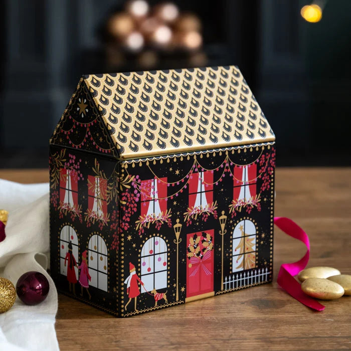 Winter Rooftops Black Large House Tin
