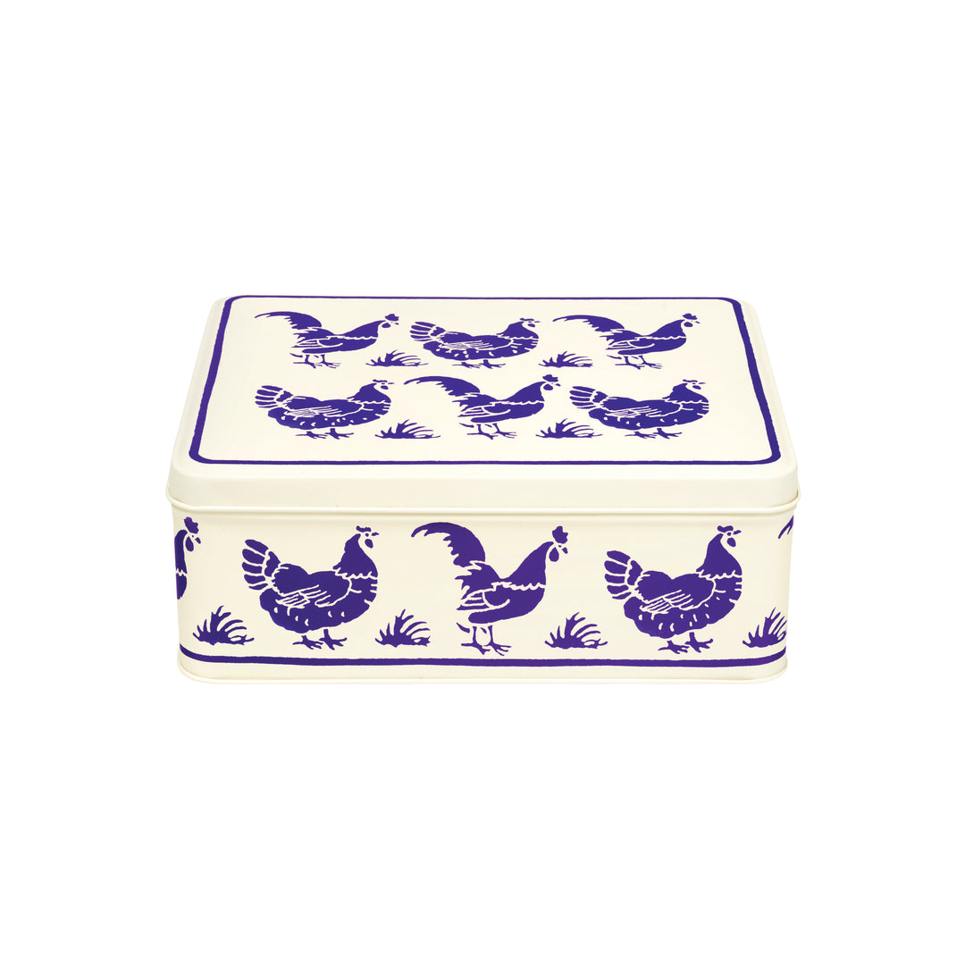 Blue Hen & Border Deep Rectangular Tin