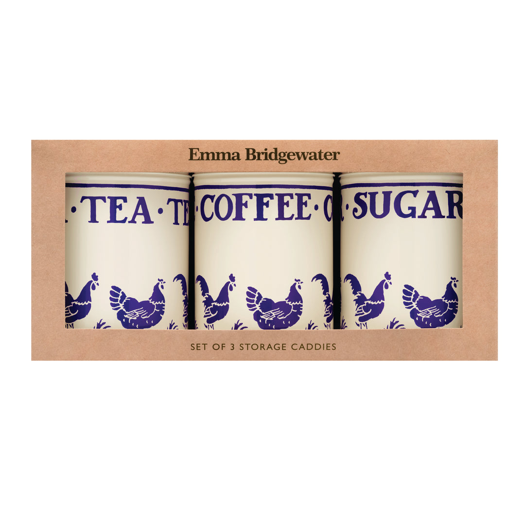 Blue Hen & Border Set of 3 Round Caddies